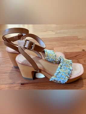 Madden Girl Tan Leather Block Heel Sandals with Yellow Floral Ruffle
